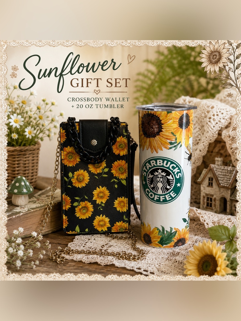 Sunflower Bundle -  Phone Crossbody Wallet + Starbucks 20oz Tumbler Gift Set NWT
